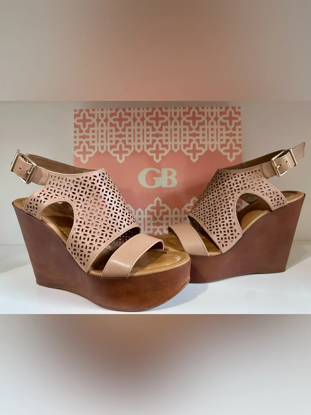 Gianni Bini Beige/Tan Perforated Wedge Sandals